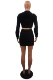 Black Solid Color Patchwork Zipper Collar Long Sleeve Two Pieces