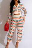 Colour Casual Rainbow Stripe Buckle Patchwork V Neck Long Sleeve Two Pieces