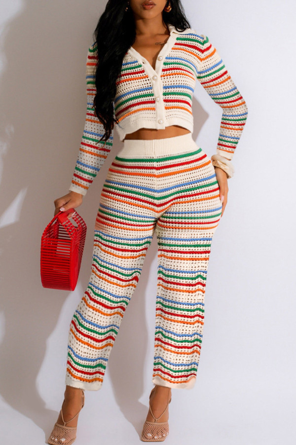 Colour Casual Rainbow Stripe Buckle Patchwork V Neck Long Sleeve Two Pieces