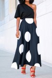 Red Casual Polka Dot Print Patchwork Oblique Collar Dresses