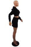 Black Solid Color Patchwork Zipper Collar Long Sleeve Two Pieces