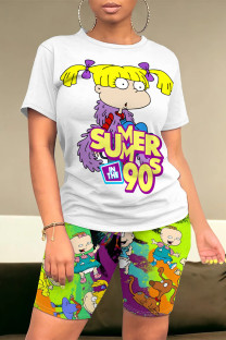 Light Green Casual Daily Cartoon Print O Neck Short Sleeve Two Pieces