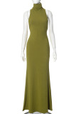 Green Celebrities Solid Color Patchwork Half A Turtleneck Long Dresses