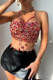 Red Sexy Patchwork Hollow Out Chains Backless Halter Tops
