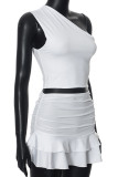 White Casual Solid Color Backless Ruched Patchwork Oblique Collar Sleeveless Two Pieces