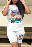 Blue Casual Daily Cartoon Print O Neck Short Sleeve Two Pieces