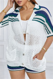 White Casual Patchwork Hollow Out See-Through Contrast Turndown Collar Long Sleeve Two Pieces
