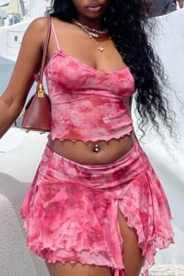 Pink Sexy Tie Dye Print Backless Spaghetti Strap Sleeveless Two Pieces
