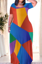 Orange Red Casual Geometric Print Patchwork O Neck Straight Dresses