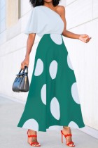 White Green Casual Polka Dot Print Patchwork Oblique Collar Dresses