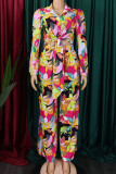 Rose Purple Elegant Print Bandage Patchwork Shirt Collar Long Sleeve Two Pieces