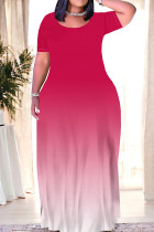 Rose Red Casual Daily Gradient Print Contrast O Neck Printed Dresses