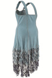 Light Blue Street Solid Color Backless Patchwork Fringed Hem Square Neck Irregular Plus Size Dresses