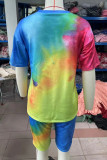 Yellow Casual Tie Dye Patchwork O Neck Short Sleeve Two Pieces