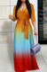 Brown Red Celebrities Gradient Print Strap Design Patchwork V Neck Long Dresses