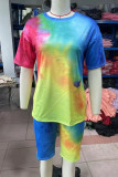 Yellow Casual Tie Dye Patchwork O Neck Short Sleeve Two Pieces