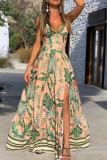 Green Celebrities Print High Slit Patchwork V Neck Long Dresses