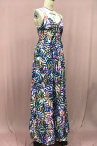 Green Celebrities Print High Slit Patchwork V Neck Long Dresses