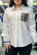White Casual Letter Print Pocket Embroidery Turndown Collar Tops
