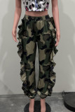 Army Green Street Camouflage Print Pocket Patchwork Ruffled Trim Loose High Waist Pencil Full Print Bottoms