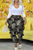 Army Green Street Camouflage Print Pocket Patchwork Ruffled Trim Loose High Waist Pencil Full Print Bottoms