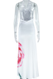 White Celebrities Print Backless Strap Design Patchwork Halter Long Dresses