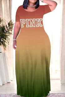 Red Apricot Casual Gradient Print Letter Print Contrast O Neck Printed Dresses