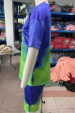 Yellow Casual Tie Dye Patchwork O Neck Short Sleeve Two Pieces