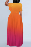 Orange Casual Daily Gradient Print Contrast O Neck Printed Dresses