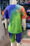 Yellow Casual Tie Dye Patchwork O Neck Short Sleeve Two Pieces