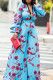 Blue Celebrities Print Patchwork V Neck Loose Jumpsuits