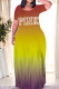 Red Yellow Casual Gradient Print Letter Print Contrast O Neck Printed Dresses