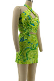 Green Sexy Print Hollow Out Ruched Patchwork Halter Sleeveless Two Pieces