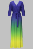 Purple Celebrities Gradient Print Strap Design Patchwork V Neck Long Dresses