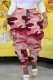 Pink Street Camouflage Print Pocket Patchwork Ruffled Trim Loose High Waist Pencil Full Print Bottoms