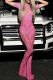 Pink Sexy Solid Color Hollow Out Slit Hot Drill Patchwork O Neck Skinny Jumpsuits