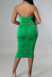 Green Sexy Solid Color Ruched Patchwork Strapless Long Dresses