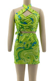 Green Sexy Print Hollow Out Ruched Patchwork Halter Sleeveless Two Pieces