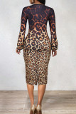 Leopard Print Celebrities Leopard Print Zipper Patchwork O Neck Wrapped Skirt Dresses