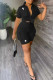 Black Casual Street Letter Print Pocket Turndown Collar Short Sleeve Two Pieces