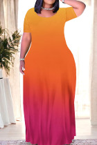 Orange Red Casual Daily Gradient Print Contrast O Neck Printed Dresses