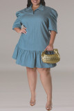 Light Blue Casual Solid Color Ruched Patchwork Turndown Collar Straight Plus Size Dresses