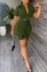 Army Green Casual Street Letter Print Pocket Turndown Collar Short Sleeve Two Pieces
