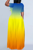 Blue Yellow Casual Gradient Print Letter Print Contrast O Neck Printed Dresses