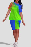 Yellow Casual Tie Dye Patchwork O Neck Short Sleeve Two Pieces
