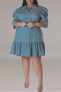 Light Blue Casual Solid Color Ruched Patchwork Turndown Collar Straight Plus Size Dresses