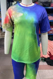 Yellow Casual Tie Dye Patchwork O Neck Short Sleeve Two Pieces