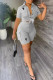 Grey Casual Street Letter Print Pocket Turndown Collar Short Sleeve Two Pieces