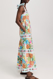 Multicolor Celebrities Print Backless Strap Design Patchwork Square Neck Long Dresses