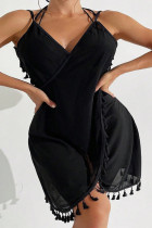 Black Casual Solid Color Fringed Trim Patchwork Swimwears Cover Up